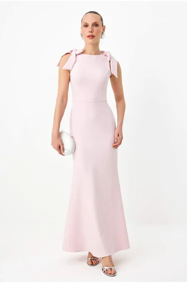 Light Pink Plain Woven Finike Maxi Evening Dress & Graduation Dress