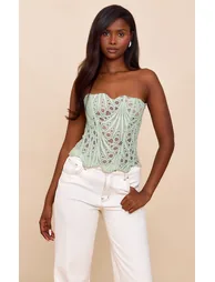 Pale Lime Textured Sheer Floral Lace Corset - 5