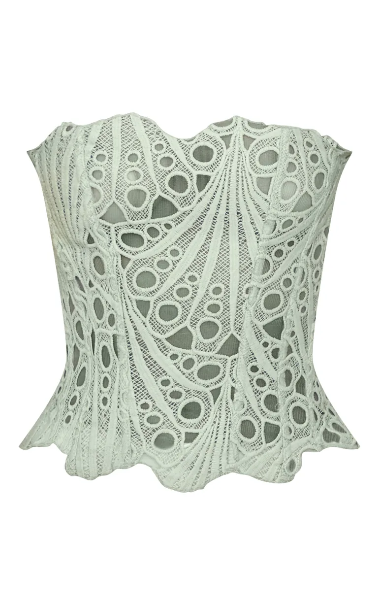 Pale Lime Textured Sheer Floral Lace Corset - 4