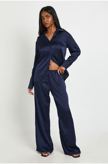 Satin Shirt Trouser Co-Ord With Tie Waist - navy product thumbnail 3