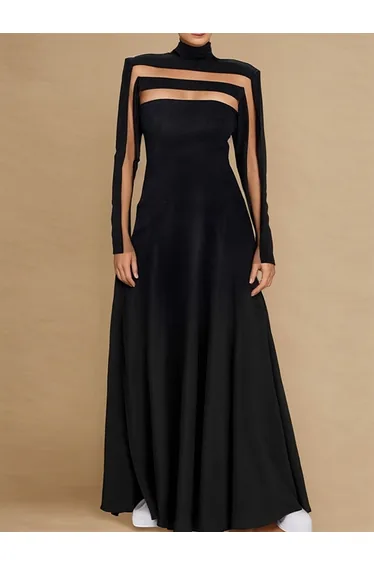 A-Line Long Sleeves Split-Joint High Neck Maxi Dresses