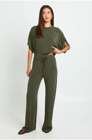 Ultra Soft Jersey Knit Long Sleeve Top and Straight Leg Trouser Coord - khaki
