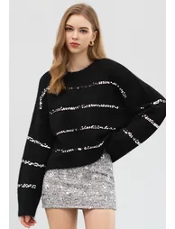 Fluffy Sequin Embellished Knit Sweater in Black for Evening Outfit & Holiday Occasion