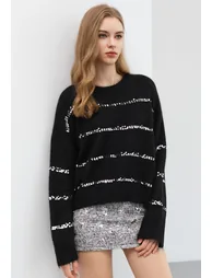 Fluffy Sequin Embellished Knit Sweater in Black for Evening Outfit & Holiday Occasion - 1