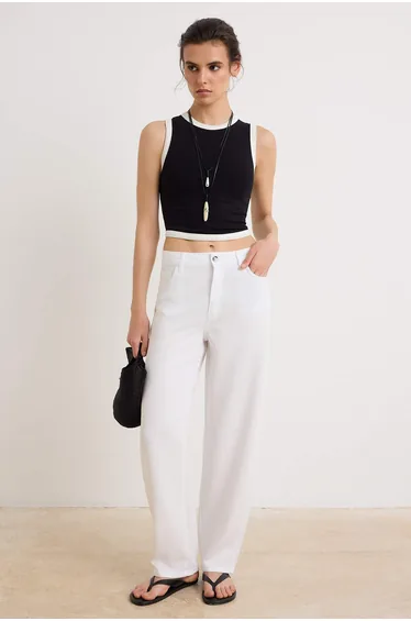 White High Waist Barrel 100% Cotton Non-Stretch Jeans