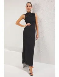 Black Bodycon Lined Tulle Knitted Evening Dress