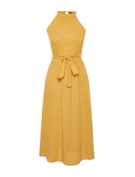 Yellow Belted A-line Halter Neck Midi Viscous Woven Dress - 6