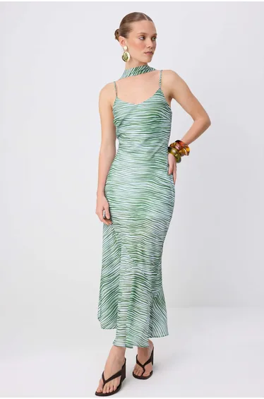 Green-Multicolor Zebra Shift/Straight Cut Midi Woven Chiffon Dress