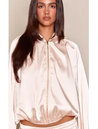 Cream Satin Pleated Bomber Jacket - 3