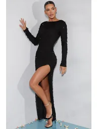 Long Sleeve Embellished Backless Maxi Dress in Black