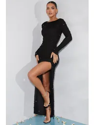 Long Sleeve Embellished Backless Maxi Dress in Black - 8