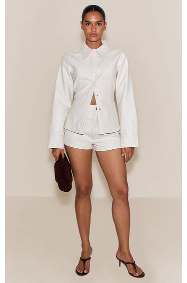 Cream Snake Print Coated Cinched Denim Shirt