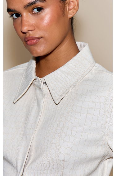 Cream Snake Print Coated Cinched Denim Shirt product thumbnail 4