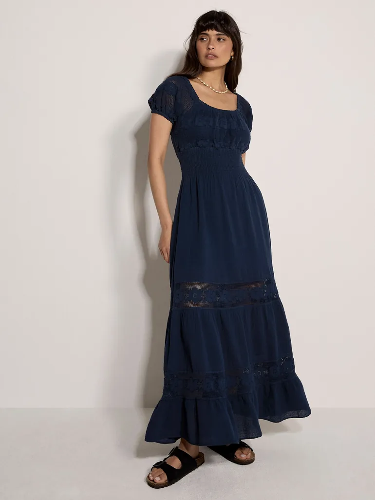 Floral Lace Cotton Milkmaid Maxi Dress