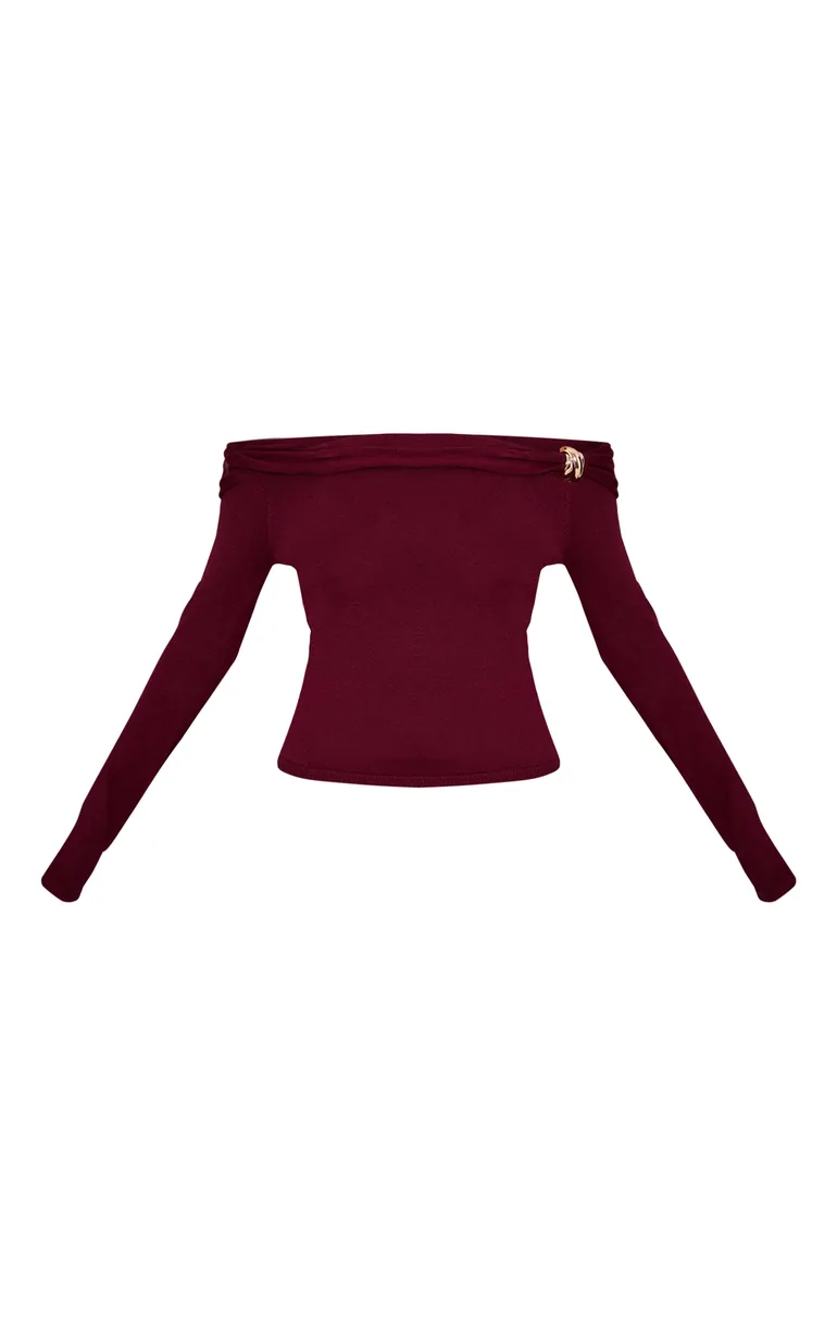 Burg Long Sleeve Twist Shoulder Detail Knitted Top - 4