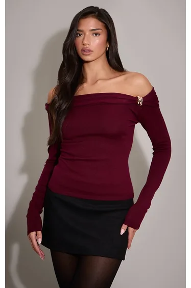 Burg Long Sleeve Twist Shoulder Detail Knitted Top