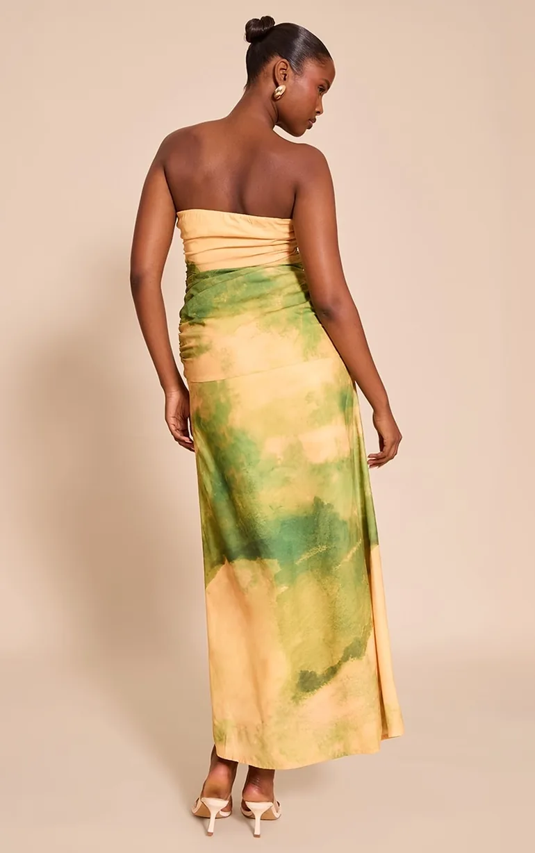 Green Abstract Printed Bandeau Ruched Detail Maxi Dress - 1