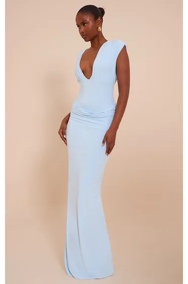 Blue Double Layer Plunge Ruched Shoulder Drape Waist Maxi Dress