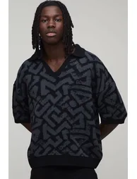 Oversized Boxy Abstract Jacquard Knitted Polo - charcoal
