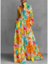 A-Line Long Sleeves Buttoned Contrast Color Pleated Pockets Printed Lapel Maxi Dresses Shirt Dress
