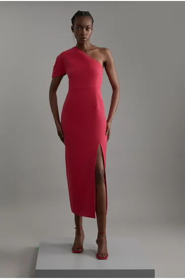 Structured Crepe Asymmetric Cape Detail Tailored Midaxi Dress