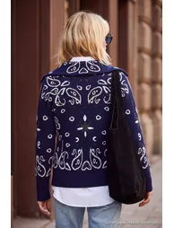 Navy Blue Ethnic Patterned Turn-Down Collar Knitwear Cardigan - 2