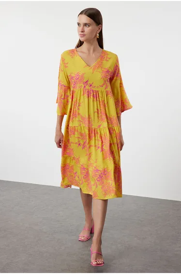 Yellow Floral Patterned Wide Cut V-Neck Woven Dress Woven Dress