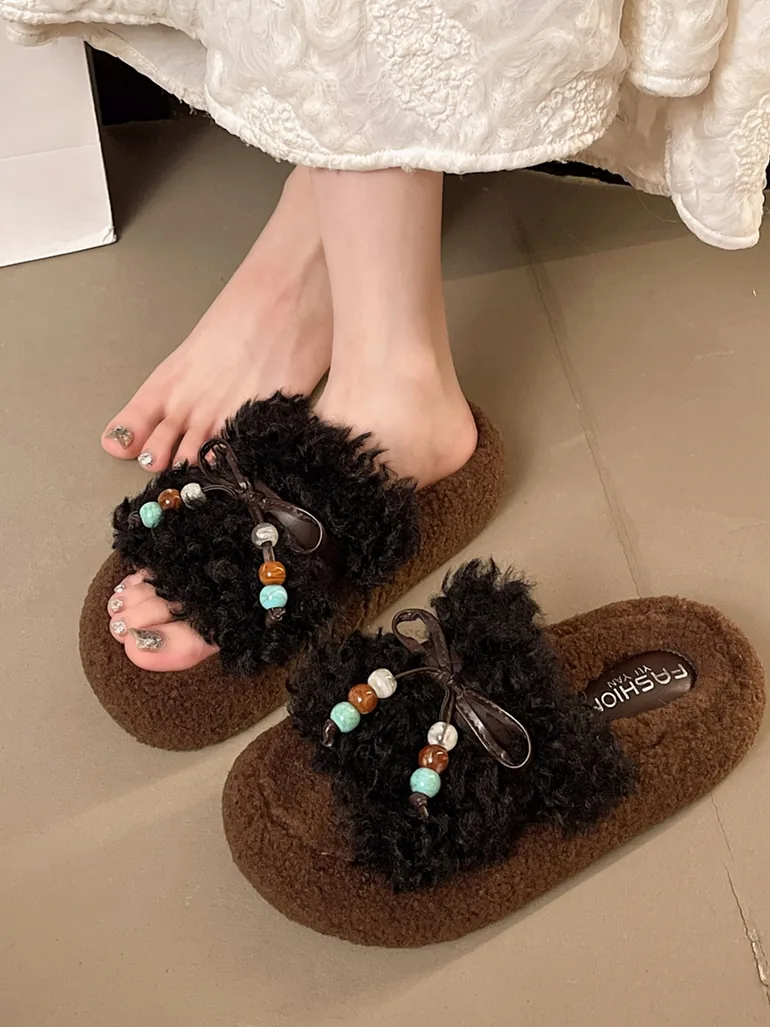Plush Slides with Beaded Bow - 2