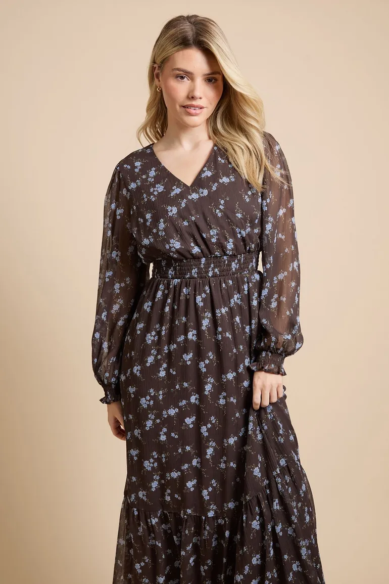 Chocolate Floral Wrap Front Blouson Sleeve Printed Chiffon Tiered Maxi Dress - 1