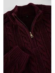 Claret Red Unisex Zippered Half Turtleneck Knit Sweater - 10