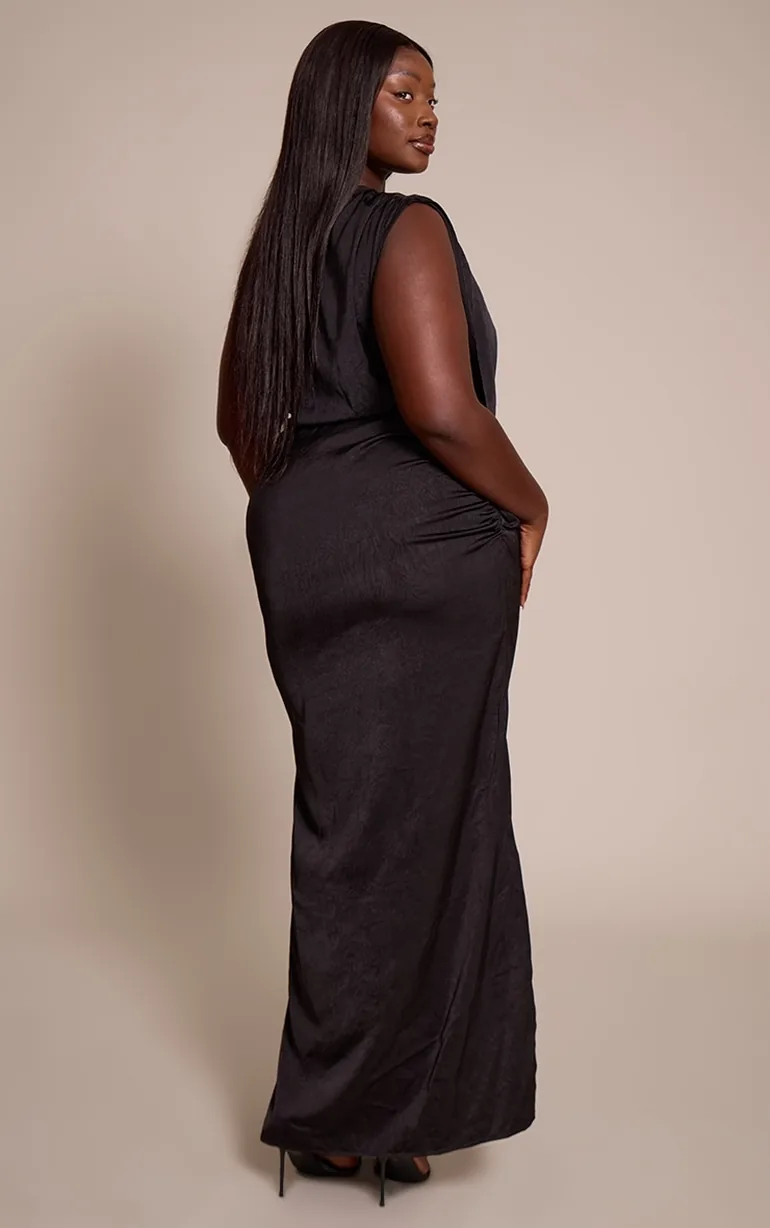 Plus Black Crushed Satin Cowl Neck Maxi Dress - 1