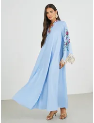 Floral Print Tasselled Long Sleeve A-Line Jalabiya - 1