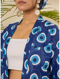 Women Blue Evil Eyes Print Kimono and Top with Shorts Co-Ords - 4