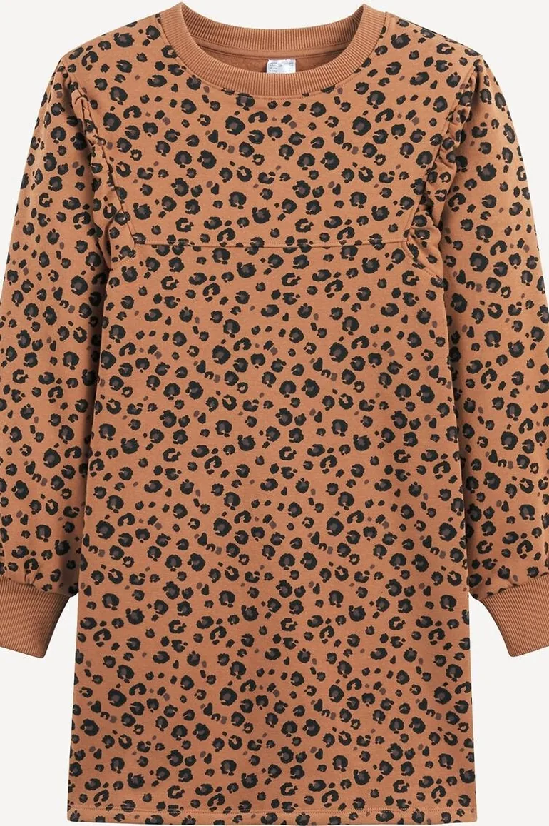 Leopard Print Jumper/Sweater Dress in Fleece with Long Sleeves
