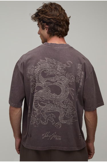 Washed Chocolate Oversized Boxy Dragon Print Distressed T-Shirt - washed chocolate product thumbnail 2