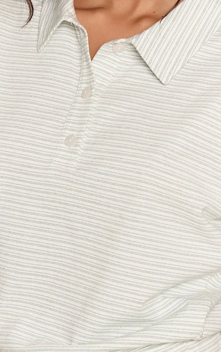 Sage Green Striped Collared Fitted T-Shirt - 3