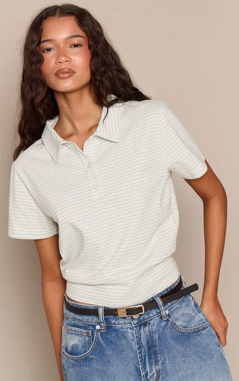 Sage Green Striped Collared Fitted T-Shirt