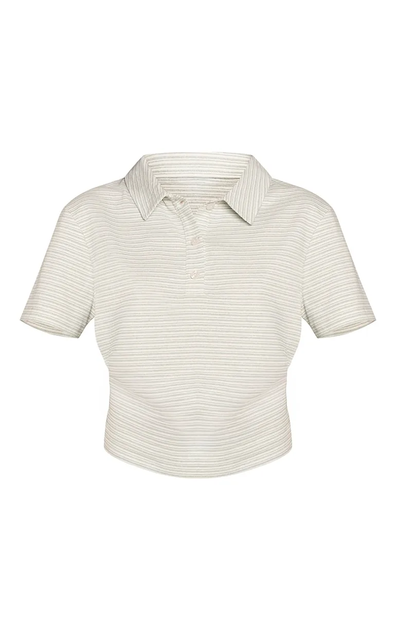 Sage Green Striped Collared Fitted T-Shirt - 4