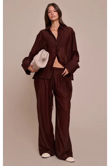 Chocolate Textured Slouchy Straight Leg Trouser
