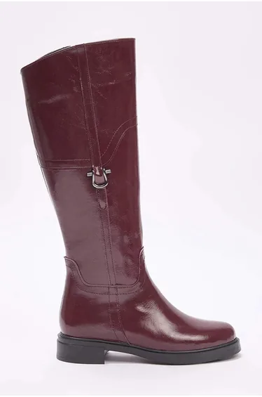 Burgundy buckled zippered round toe women's flat heel riding boot