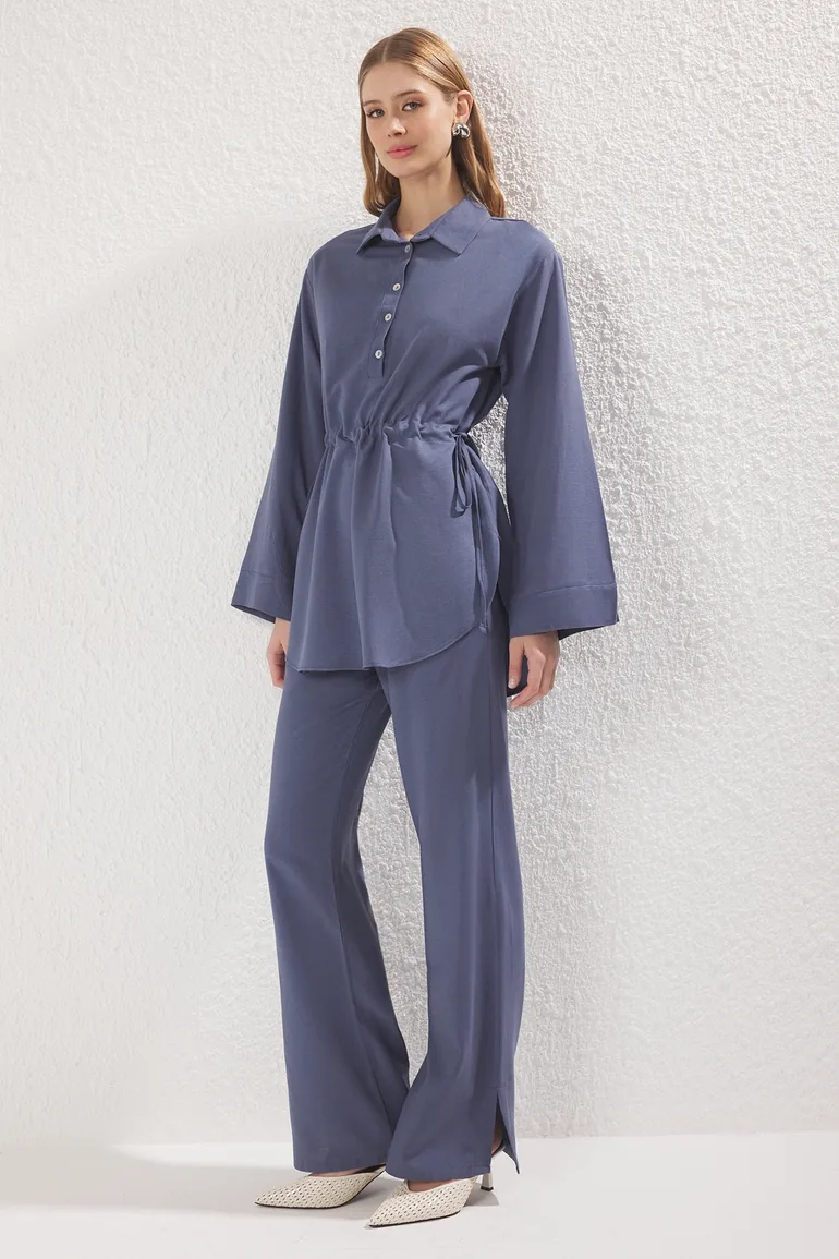 Navy Blue Linen Blended Mother-of-Pearl Buttoned Woven Bottom-Top Set