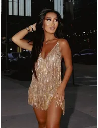 Fiadh Crystal Chain Fringe Mesh Mini Dress In Gold