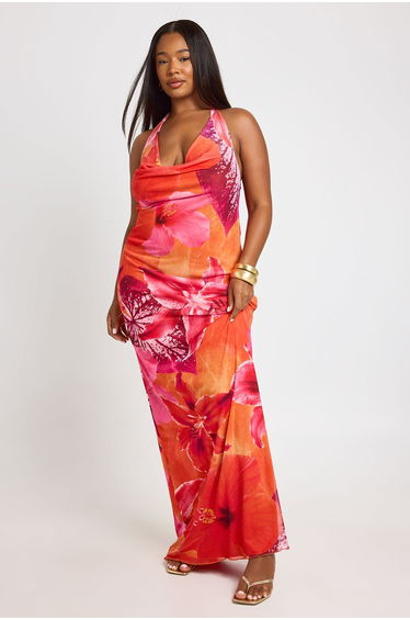 Plus Floral Print Halter Neck Maxi Dress - pink product thumbnail 3
