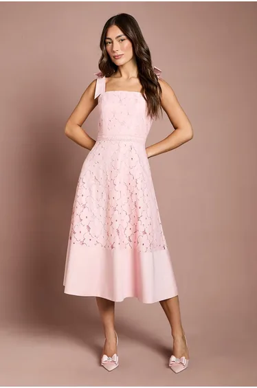 Bow Shoulder Floral Lace Midi Dress