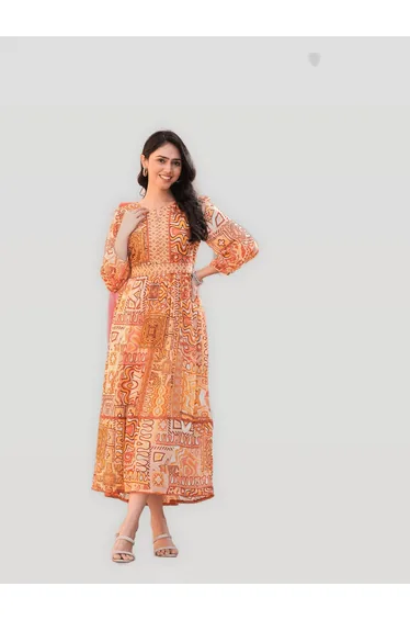 Orange Abstract Printed Chiffon Maxi Dress