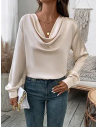 Beige Satin Cowl Neck Long Sleeve Top