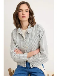 Ecru Denim Striped Cropped 100% Cotton Jacket - 1
