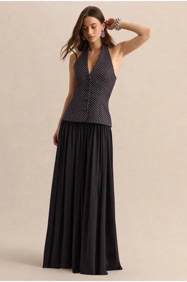 Zarina | Black & White Plunge-Neck Maxi Dress