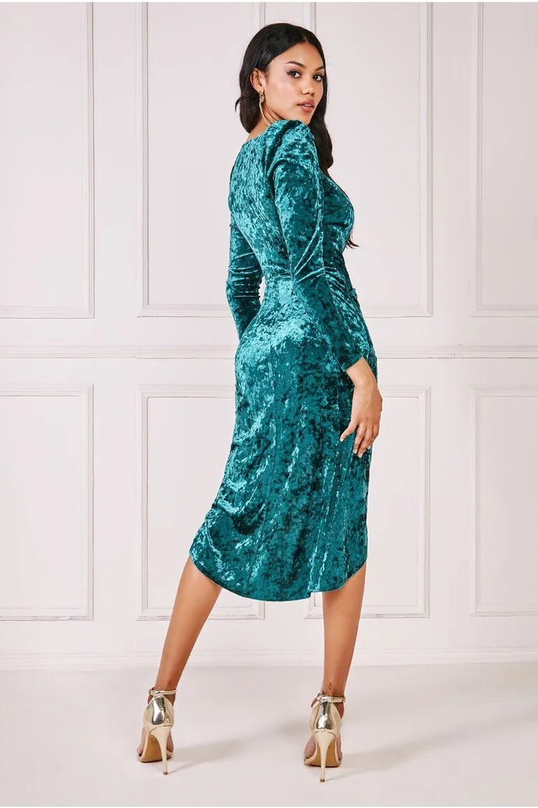 Goddiva Flared Hem Ice Velvet Midi - Emerald - 1