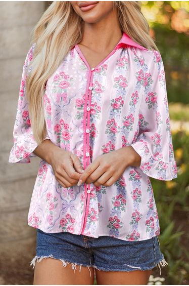 Lvness Purple Floral Collared Ruffled Half Sleeve Shirt product thumbnail 2